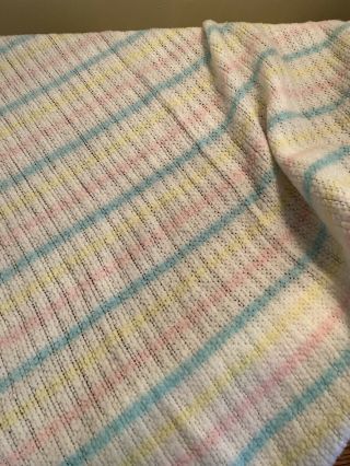 Woven Vintage Acrylic Baby Blanket Pastel Striped Waffle Weave Pink Blue Yellow