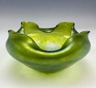 Antique Loetz Style Studio Hand Blown Green Iridescent Art Nouveau Glass Bowl