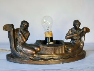 Antique Art Deco Spelter Figural Lamp Gondola,  Lute Lamp,  Boat Lamp,  Bronze Lamp