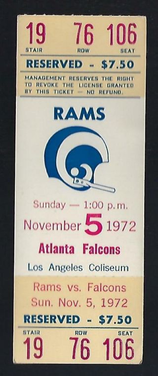 1972 Nfl Atlanta Falcons @ Los Angeles Rams Full Football Ticket