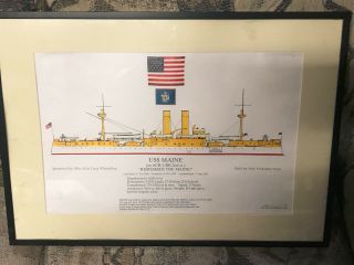 Matted & Framed Watercolor Print Of The Uss Maine Battleship,  Us Navy