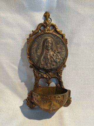 Antique Metal (cast Iron,  Brass??) Holy Water Font Sancta Teresia Made In France