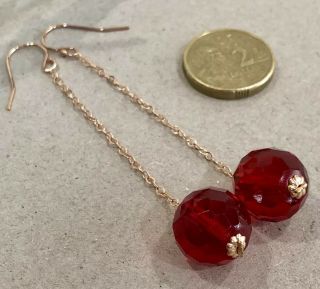 14ct Rose Gold Filled Earrings Vintage C.  1950‘s Faceted Cherry Red Glass Beads