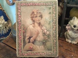 Antique Victorian Cardboard Chocolates Candy Box Embossed Pretty Lady Pink Roses