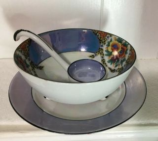 Vintage Noritake Blue Lusterware Mayo Condiment Footed Bowl Set Saucer Ladle