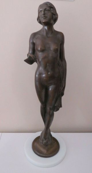 2 Foot High Antique Metal Statue Of Woman On Marble Base Former Lamp?