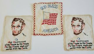 Vtg Set Of 3 Embroidered Abraham Lincoln Bless America Panels Lace Crochet Old