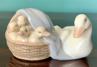 1” Vintage Lladro Mother Duck And Ducklings In A Basket Figurine 4895 Retired