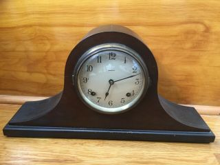 Antique Ansonia Dayton Wood Mantle Clock With Key And Pendulum