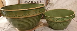 2 Antique Green Bowls Usa Stoneware Yellow Ware Mccoy Prim Over Under 11.  5 " & 8 "