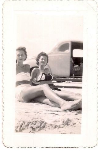 Bikini Swimsuit Women Sitting On Blanket By Vintage Old Car Photo