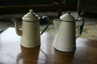 Pair Vintage Cream And Green Enamel Ware Tea Pots