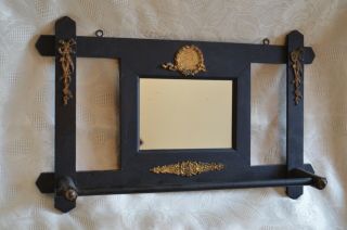 Antique Vtg Victorian Style Black Wood Towel Rack & Mirror Decorated Pictorial