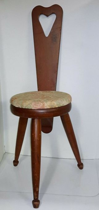 Vintage 3 Three Leg Legged Stool Wooden Spinning Chair W Round Upholstered Seat
