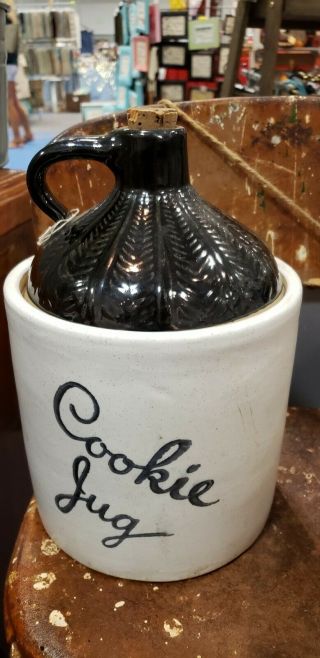 Vintage Monmouth Cookie Jar Whiskey Jug Cork Top Maple Leaf Stoneware Usa Made