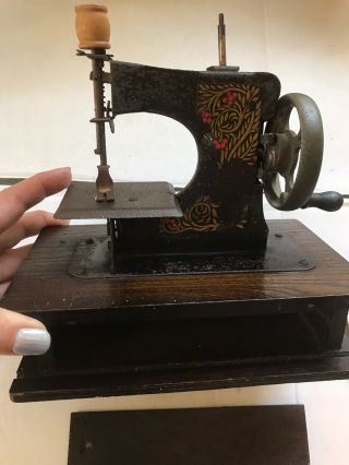 Small Antique Hand Crank Portable Sewing Machine On Wooden Base,  Hand Painted