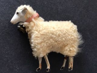 Antique German Paper Mache Wool Putz Hand Paint Sheep Lamb Figure Bell Wood Legs