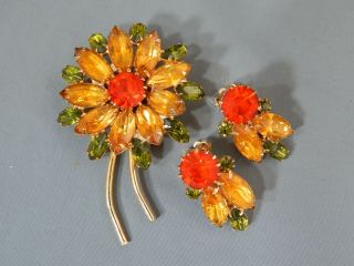2 Pc Vintage Juliana D&e Rhinestone Flower Brooch & Clip Earring Set