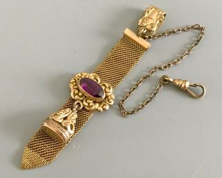 Antique Victorian Gold Filled Pocket Watch Chain With Amethyst Fob And Seal