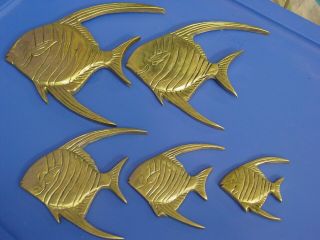 Set Of 5 Vintage Solid Brass Fish Wall Decor With Hooks