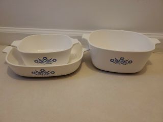 Set Of 3 Vintage Corning Ware Baking Dishes Blue Cornflower Pattern With 1 Lid
