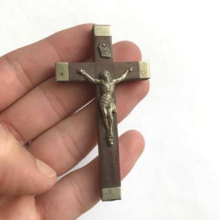 Jesus Christ Crucifix Cross Pendant Inri Religious Vintage Wood & Silver & Brass