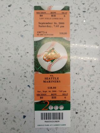 9/16/00 Seattle Mariners At Baltimore Orioles Full Ticket Stub Alex Rodriguez Hr
