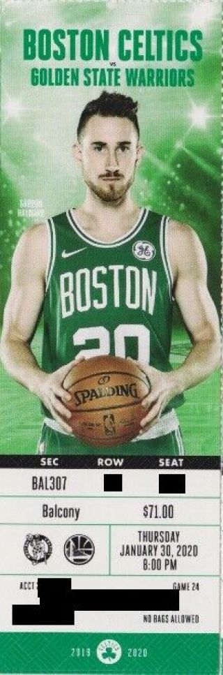 Boston Celtics V Golden State Warriors Season Ticket Stub 1/30/2020 @ Td Garden