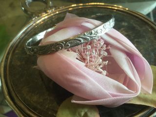 Antique Art Nouveau Sterling Bangle Bracelet W Scroll & Feather Repousse Design