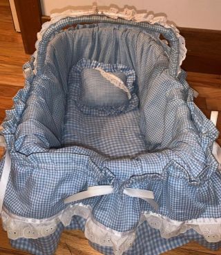 Handmade Vintage 80’s Blue White Ruffle Gingham Baby Doll Basket Bed Carry
