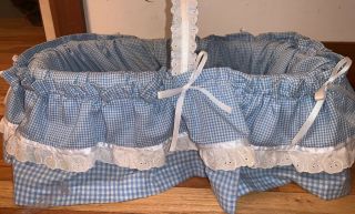 Handmade Vintage 80’s Blue White Ruffle Gingham Baby Doll Basket Bed Carry 2
