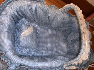 Handmade Vintage 80’s Blue White Ruffle Gingham Baby Doll Basket Bed Carry 3