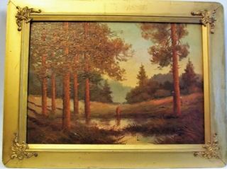 Vintage Framed 17 X 13 Oil Painting On Canvas Of Pine Forest Landscape