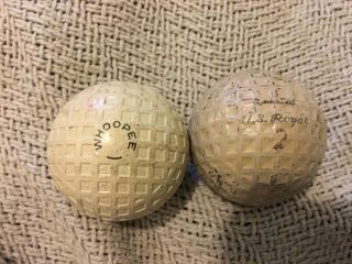 2 Vintage Antique Golf Balls “whoopee” “u.  S.  Royal” Square Mesh Dimples