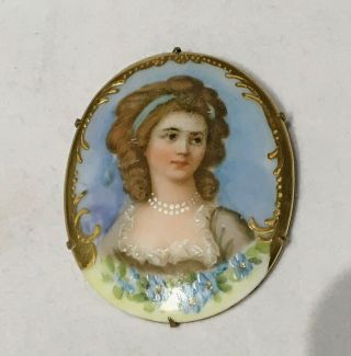 Antique Hand Painted On Porcelain Brooch Portrait Of A Lovely Lady