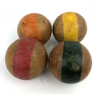 4 Antique Vintage Wood Wooden Croquet Balls Red Orange Yellow Green Stripe