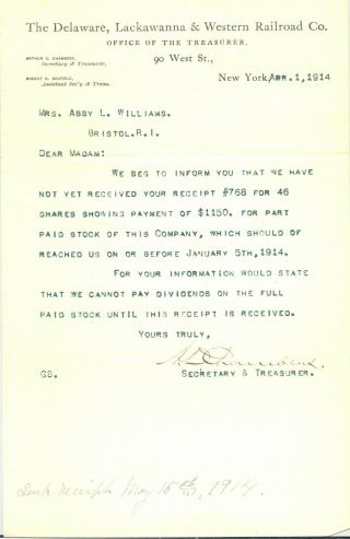 1914 Dl&w Delaware Lackawanna & Western Railroad Stock Payment Letter -