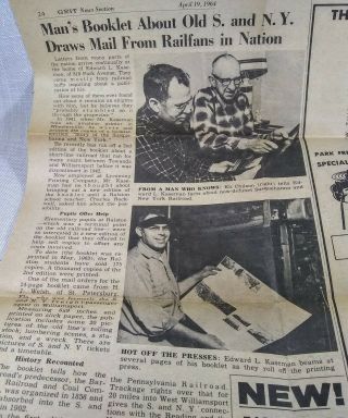 1964 Newspaper Clipping Gives History Of Kaseman Book " Story Of S&ny ",  Laquin