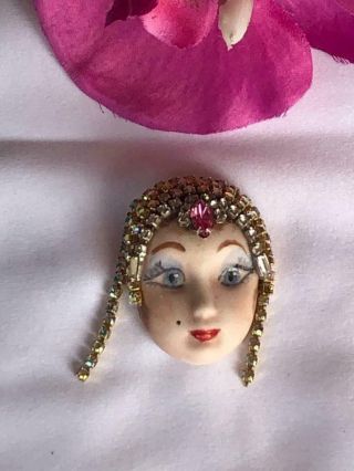 Vintage Signed Lady Face Hand Painted Pink & Ab Rhinestone Brooch Pin,  Beauty