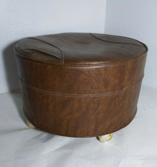 Vintage Rolling Faux Leather Brown Vinyl Footstool Ottoman Mid Century Retro