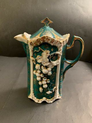 Antique Unique Chocolate Tea Pot - Unusual Gold Grapes,  Floral Snowflakes 8” Tal