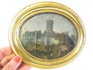 Antique 19th Century French ? Castle Painted Diorama In Oval Gilt Frame