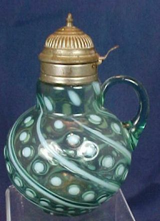 Antique Coin Spot And Swirl Pattern Blue Green Glass Syrup Pitcher Northwood