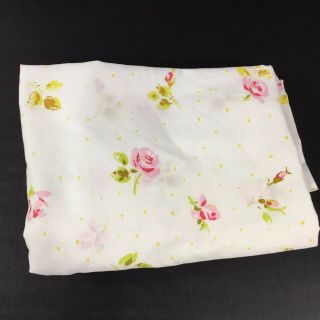 Vintage Full Fitted Bed Sheet Cabbage Roses Pink Rosebuds Floral Fabric Shabby