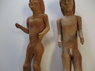 2 LARGE VINTAGE WOOD SCULPTURES CARVINGS FOLK ART ADA AND EVE MEXICO NAIVE 3