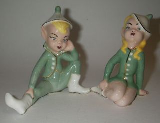 Vintage Pair Green Elf Pixie Fairy Figurine Ceramic Boy & Girl Elves Adorable