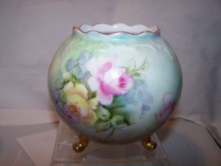FOOTED Antique Hand Painted Vienna Austria Porcelain Round Vase Bowl Roses 3