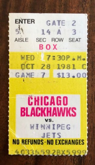 Nhl Winnipeg Jets Vs Chicago Black Hawks Ticket Stub - October 28,  1981