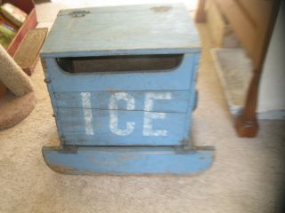 Antique Primitive Country Store Advertising Ice Old Robins Egg Blue Paint Wooden