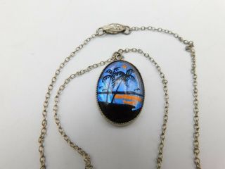 Vintage Sterling Silver Blue Morpho Butterfly Wing Beach Scene Necklace Antique